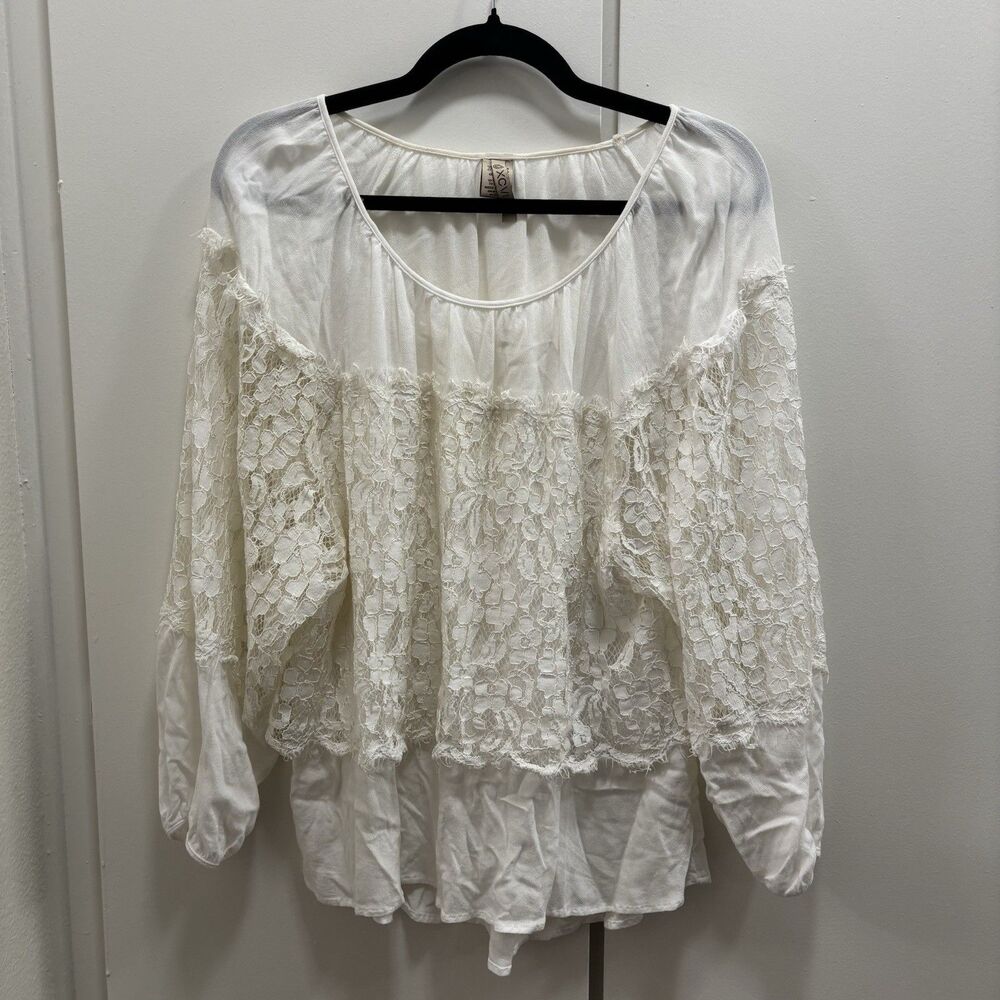 XCVI Sz Medium White Sheer Floral Lace Long Sleeve Peasant Blouse Cottagecore